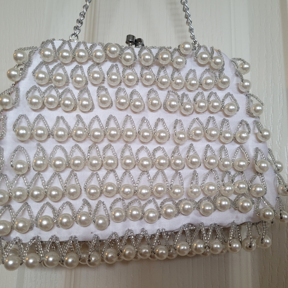 Pearl Embellished White Handbag